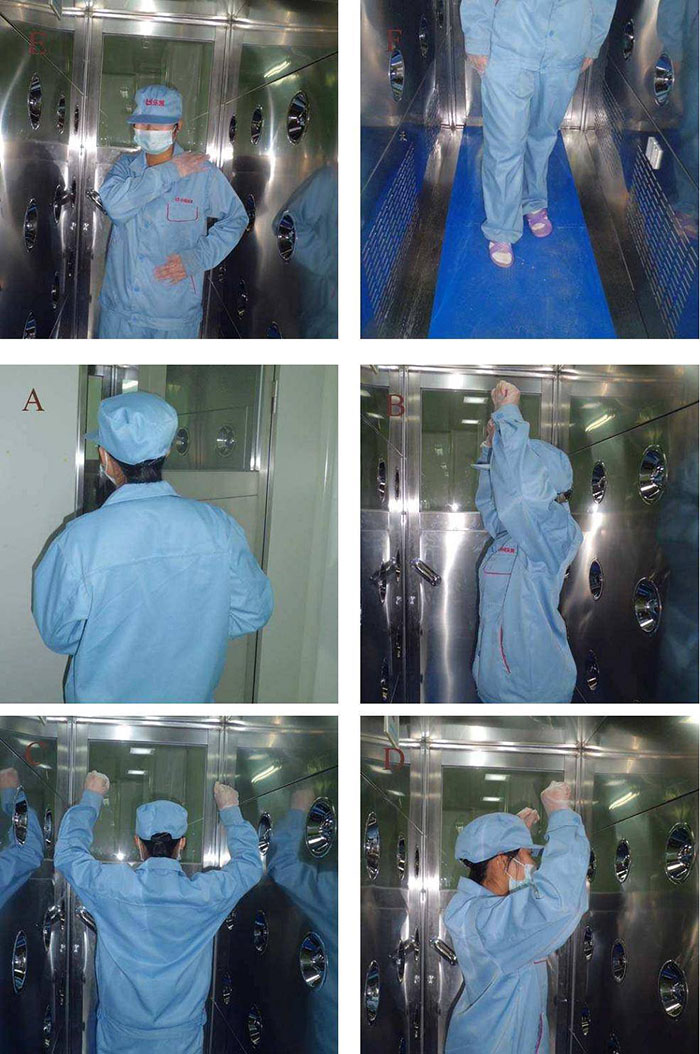 進(jìn)入風(fēng)淋室前無塵服應(yīng)穿著得當(dāng)，袖口和領(lǐng)口需拉緊，避免衣物內(nèi)外的塵埃進(jìn)入。